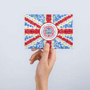 Kung Charles III Coronation Emblem Blommigt UK Fla Vykort