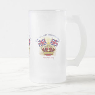 Kung Charles III Coronation Krona och Flaggor Frostat Ölglas