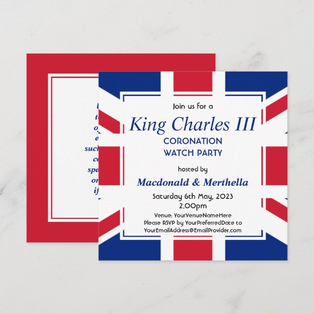 KUNG CHARLES III Coronation Watch Party Inbjudningar (Fram/baksida)