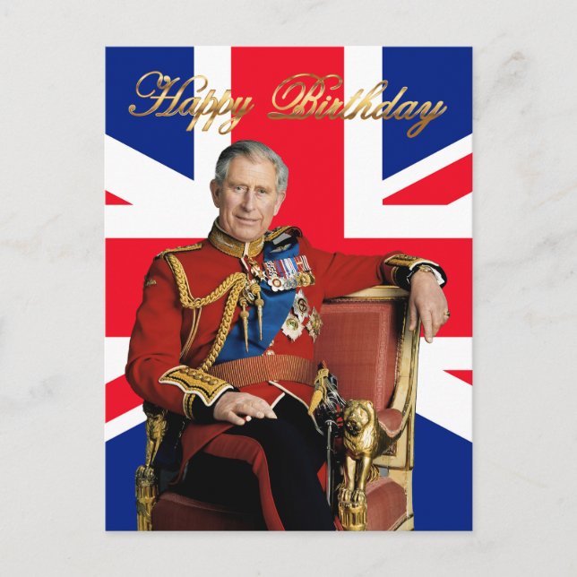 Kung Charles III med brittisk flagga Grattis på fö Vykort (Framsida)