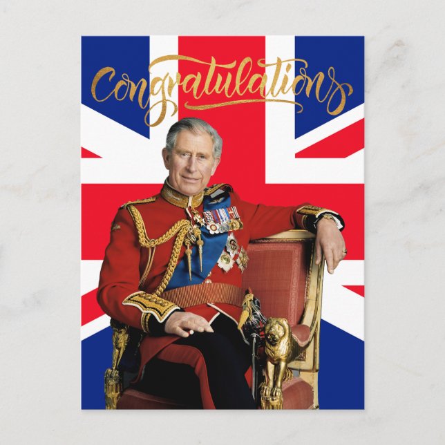 Kung Charles III med brittisk flagga Grattis Vykort (Framsida)