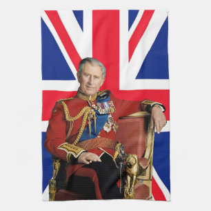 Kung Charles III med brittisk flagga Kökshandduk