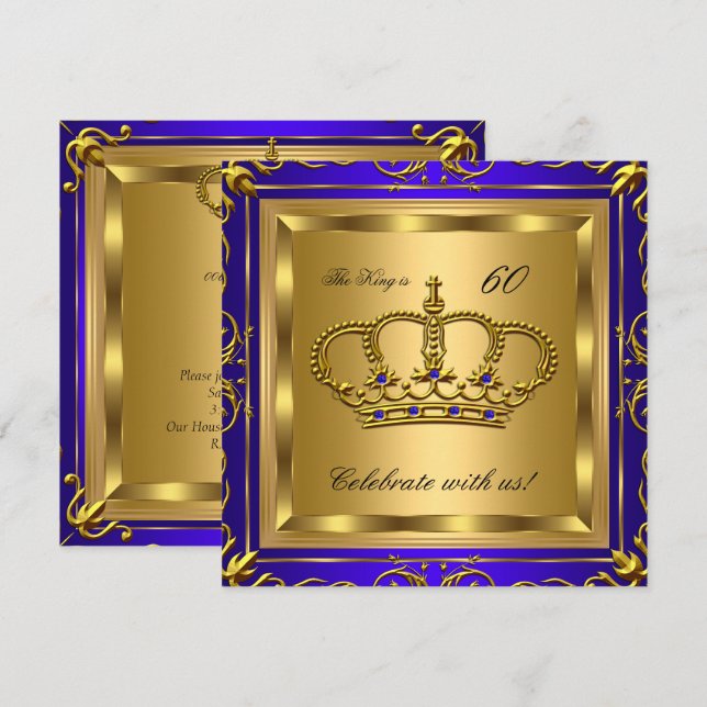 Kung eller Drottning Royal Blå Guld Födelsedagsfes Inbjudningar (Fram/baksida)