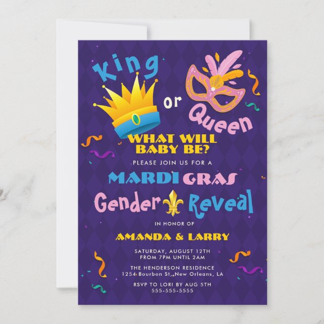Kung eller Queen Mardi Gras Gender Reveal Inbjudningar (Framsida)