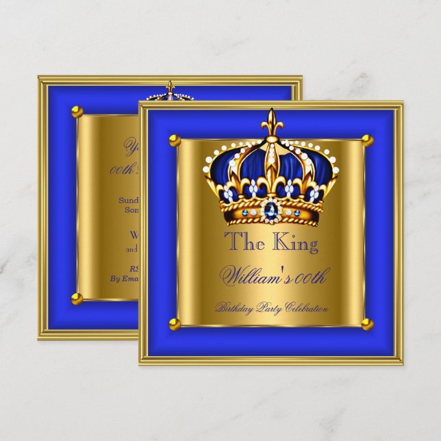 Kung eller Queen Royal Blue Guld Krona Födelsedags Inbjudningar (Fram/baksida)