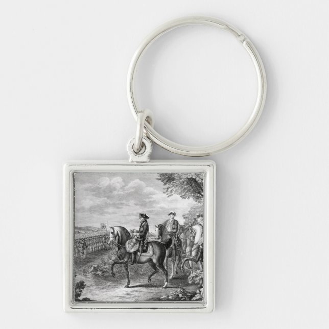Kung Frederick II av Prussia som granskar Fyrkantig Silverfärgad Nyckelring (Framsidan)