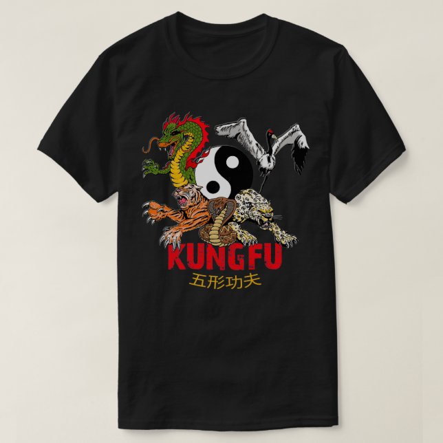 Kung fu 5 Djur bildar Tiger Crane Leopard Snake T Shirt (Design framsida)