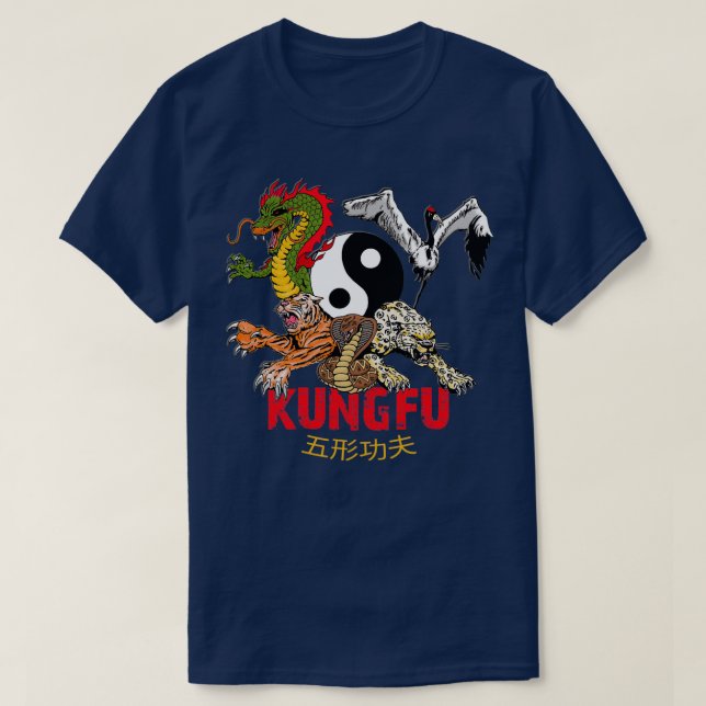 Kung fu 5 Djur bildar Tiger Crane Leopard Snake  T Shirt (Design framsida)