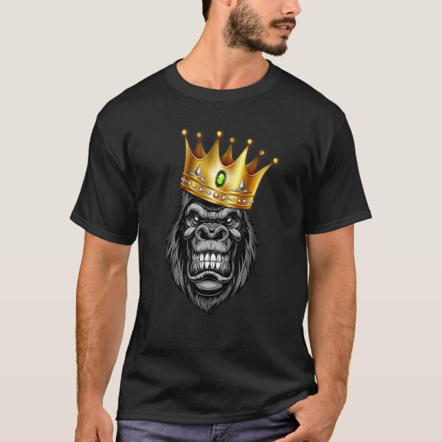 Kung i Arg Gorilla med Krona Ape Wildlife T Shirt (Framsida)
