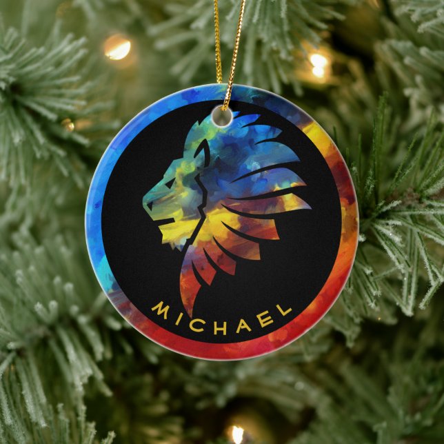 Kung i djungelns lejona vattenfärgsmonogram namn julgransprydnad keramik (Träd)