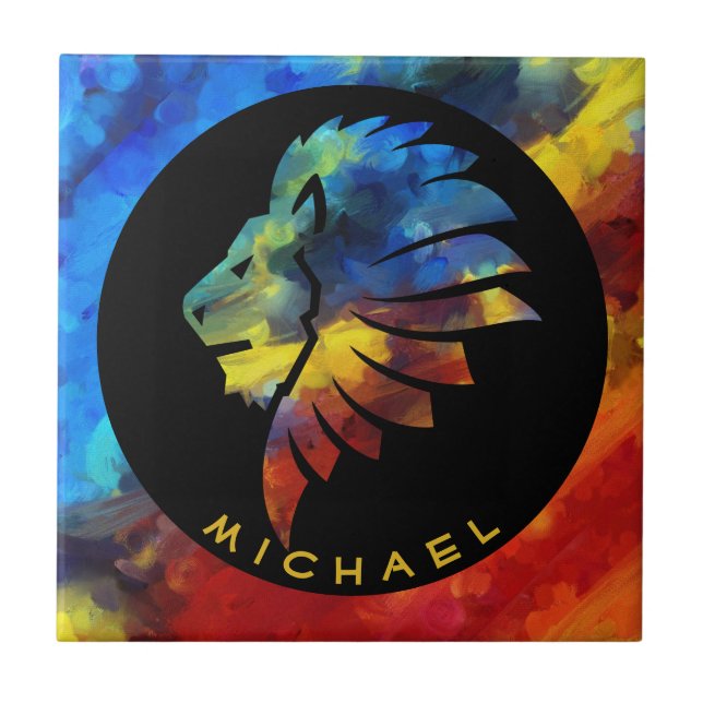 Kung i djungelns lejona vattenfärgsmonogram namn kakelplatta (Framsidan)