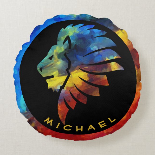 Kung i djungelns lejona vattenfärgsmonogram namn rund kudde (Framsidan)