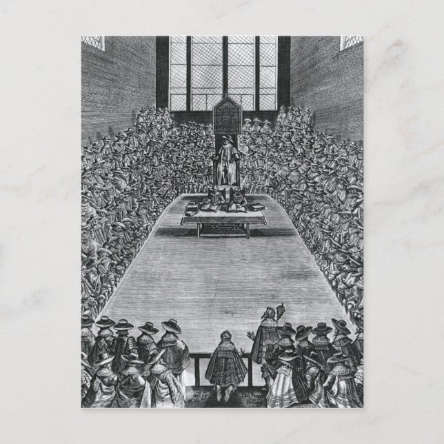 Kung James I i parlamentets kammare, 1624 Vykort (Framsida)