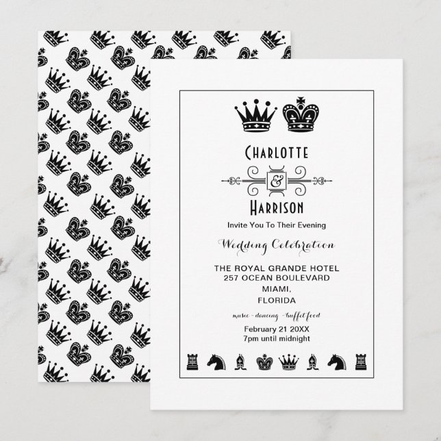 Kung Och Drottning Schackbräde Spel Kväll Hämta Inbjudningar (Fram/baksida)