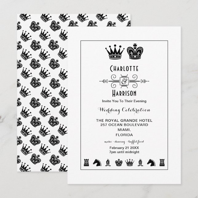 Kung och Queen Chess Board Game Evening Bröllop Inbjudningar (Fram/baksida)