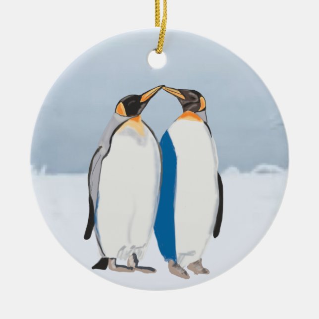 Kung Penguin Pair Kissing Julgransprydnad Keramik (Framsidan)