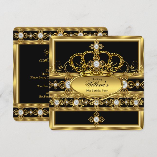 Kung Prince Queen Royal Guld Diamond Krona Party Inbjudningar (Fram/baksida)