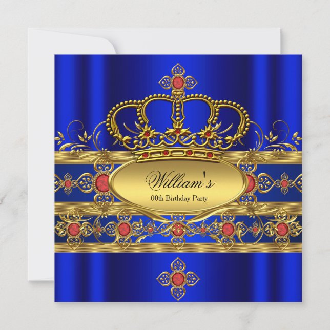Kung Prince Royal Blue Guld Red Krona Birthday 3 Inbjudningar (Framsida)