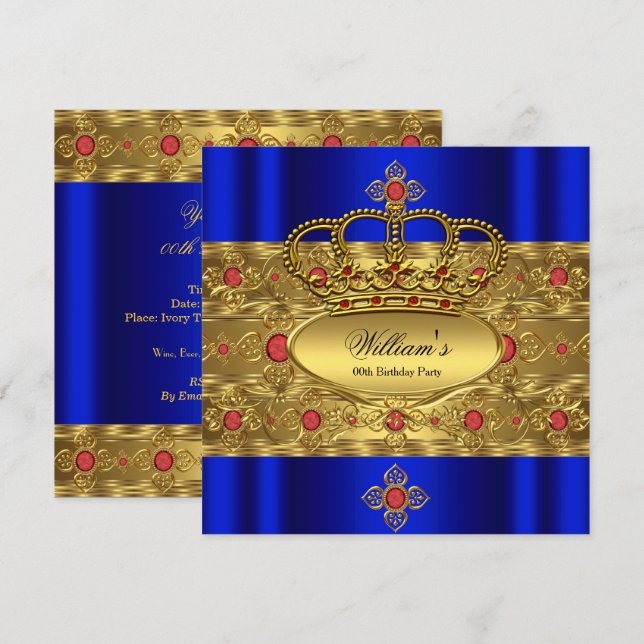 Kung Prince Royal Blue Guld Red Krona födelsedag Inbjudningar (Fram/baksida)