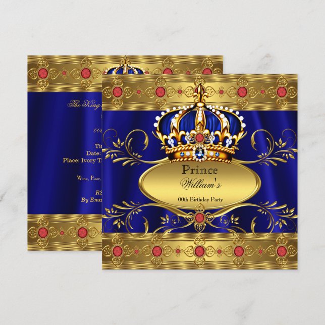Kung Prince Royal Blue Regal Red Krona Birthday 3 Inbjudningar (Fram/baksida)
