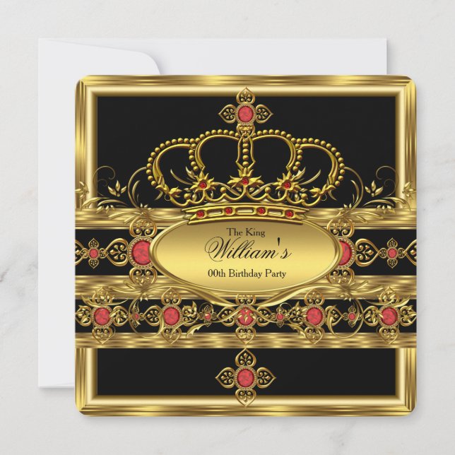 Kung Prince Royal Guld Red Krona Födelsedagsfest Inbjudningar (Framsida)