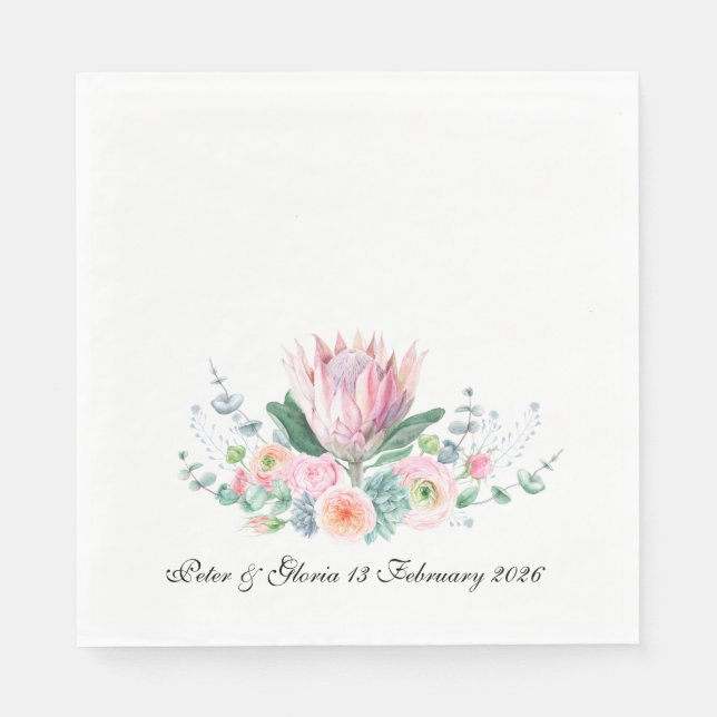 Kung Protea Akvarell Blommig Elegant Bröllop Pappersservett (Framsidan)