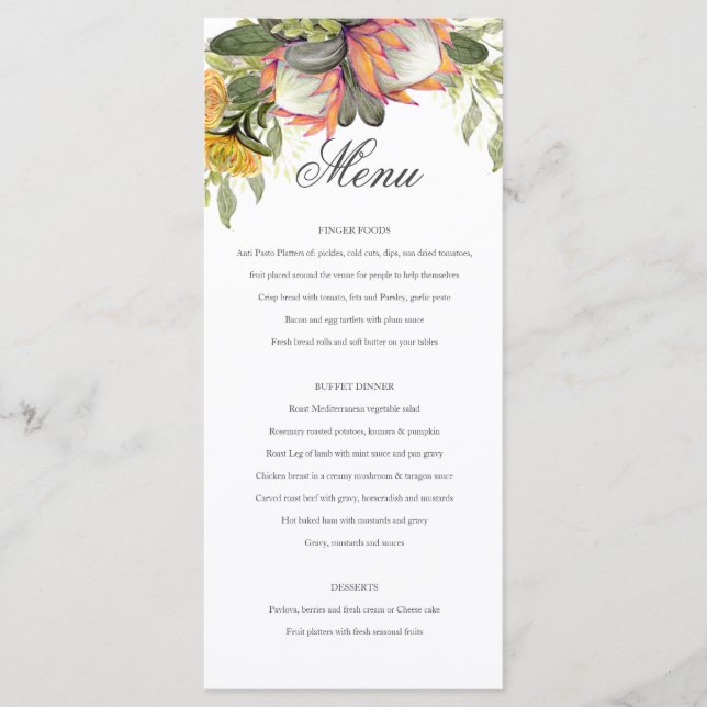 Kung Protea Bouquet Bröllop Menu Meny (Framsida)