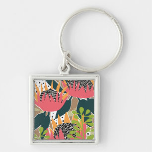 Kung Protea I Fyrkantig Silverfärgad Nyckelring