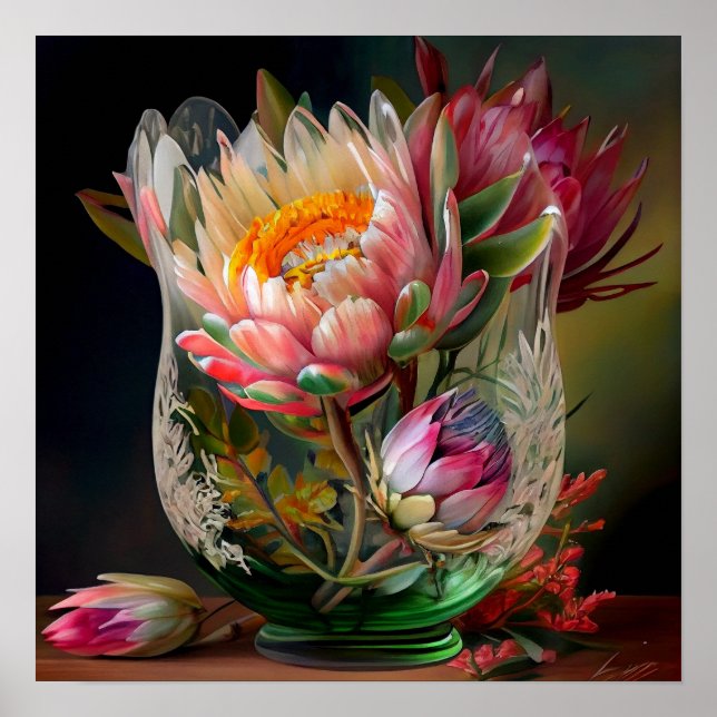 Kung Protea Rosa Gult Red Bevackra Bouquet Poster (Framsidan)