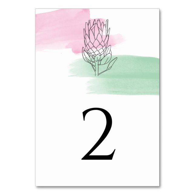 Kung Protea Watercolor Bröllop Bordsnummer (Framsidan)