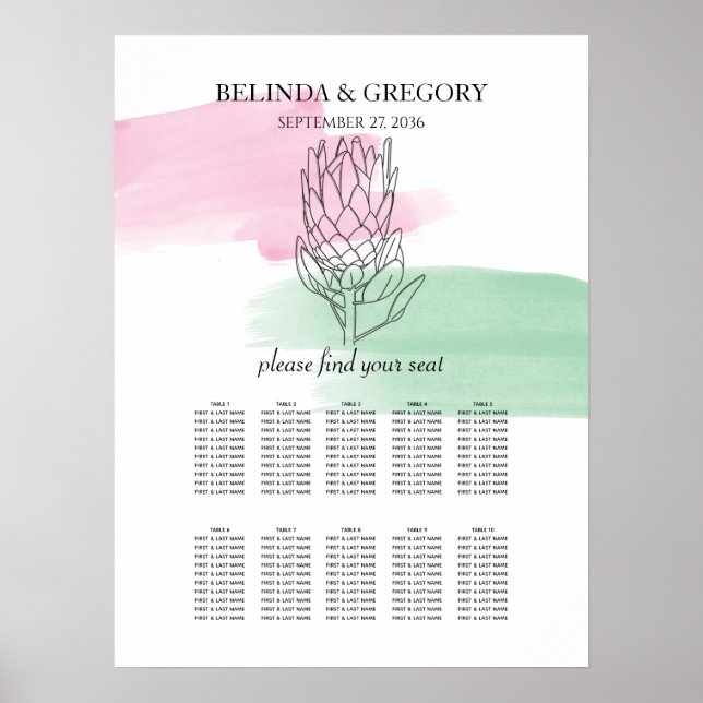 Kung Protea Watercolor Bröllop-sätesdiagram Poster (Framsidan)