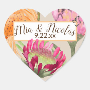 Kung Proteas, Tiger Lilies Couppes Namn Bröllop Hjärtformat Klistermärke