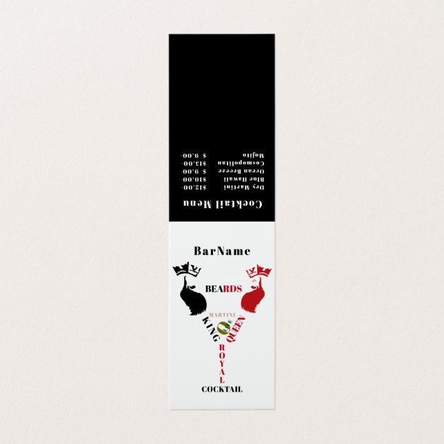 Kung&Queen Beards Royal Cocktail Menu Visitkort (Utsida ovikt)