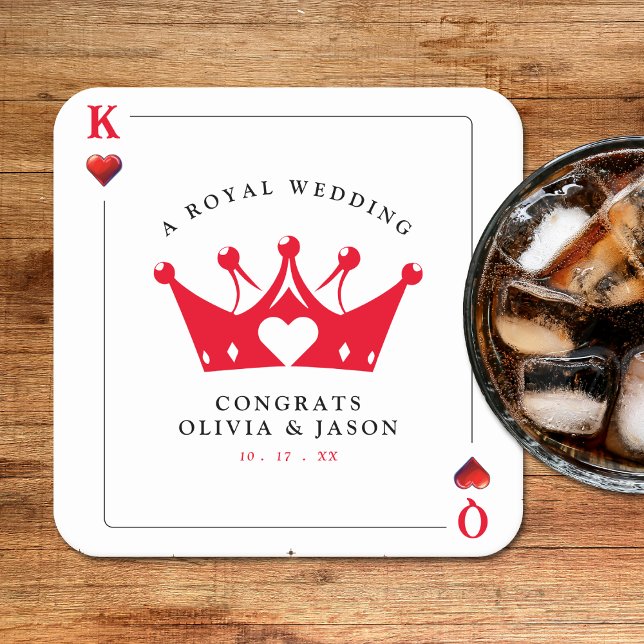 Kung & Queen of Hearts Casino Poker Card Bröllop Underlägg Papper Kvadrat (King & Queen of Hearts Casino Poker Card Wedding Square Paper Coaster
)