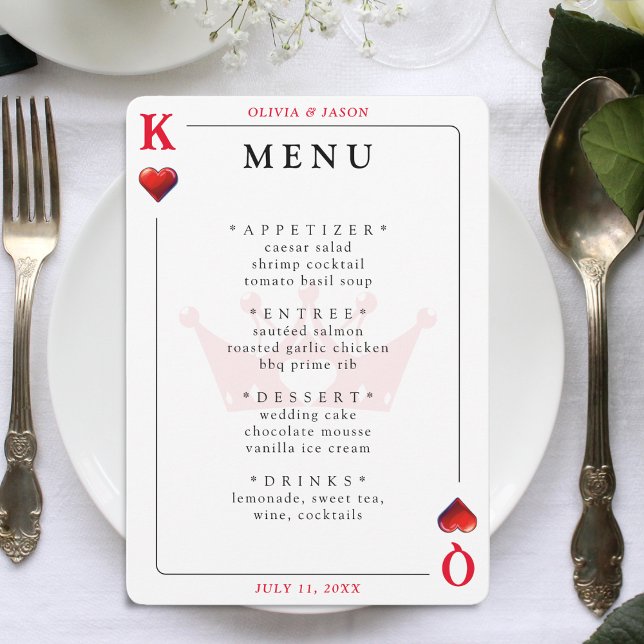 Kung & Queen of Hearts Spela kort Bröllop Menu (King & Queen of Hearts Playing Card Wedding Menu
)