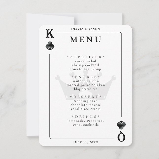 Kung & Queen of Klubbs Spela kort Bröllop Menu (Framsida)