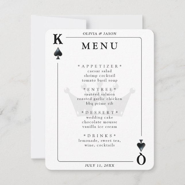 Kung & Queen of Spades Spela upp Card Bröllop Menu (Framsida)