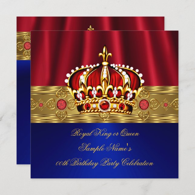 Kung Queen Red Krona Royal Blue Guld Birthday 4 Inbjudningar (Fram/baksida)
