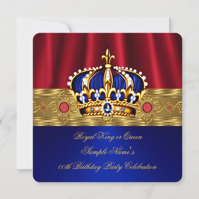 Kung Queen Red Krona Royal Blue Guld Birthday 5 Inbjudningar (Framsida)