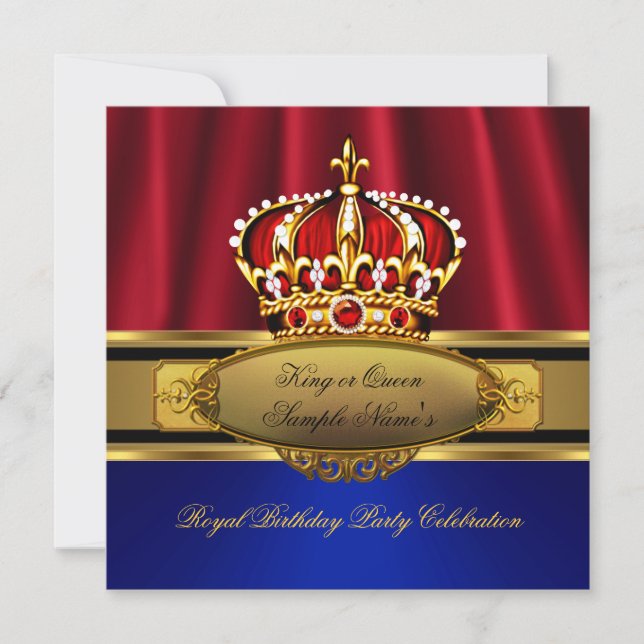 Kung Queen Red Krona Royal Blue Guld Birthday Inbjudningar (Framsida)