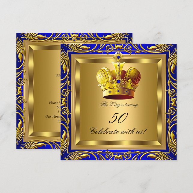 Kung Queen Royal Blue Guld Elite Födelsedagsfest Inbjudningar (Fram/baksida)