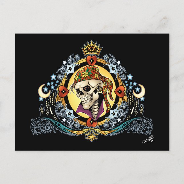 Kung Skull Pirat med Hearts av Al Rio Vykort (Framsida)