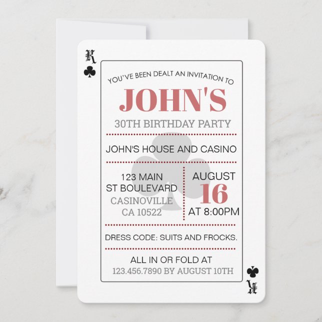 Kung till Klubbar Casino Poker-spelkort Inbjudningar (Framsida)