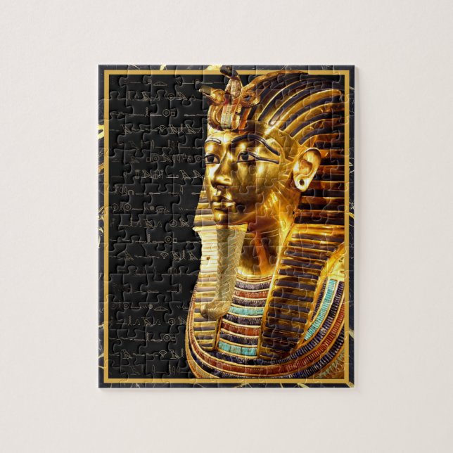Kung Tutankhamun med Hieroglyfer Guld och Black Pussel (Vertikal)