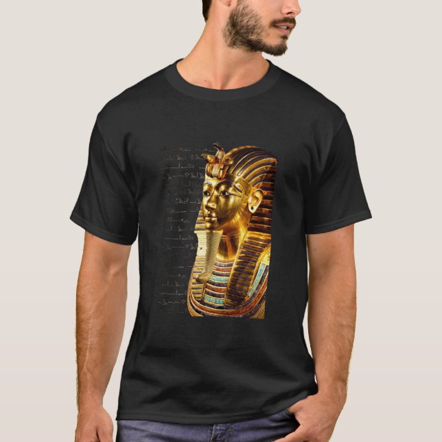 Kung Tutankhamun med Hieroglyfer Guld och Black T Shirt (Framsida)