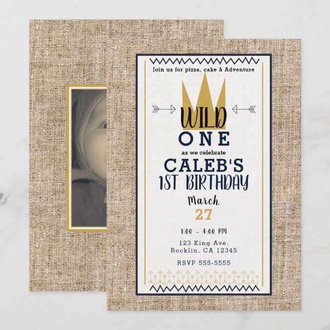 Kung Vild ETT Sak Guld Krona 1ST Party foto Inbjudningar (Fram/baksida)