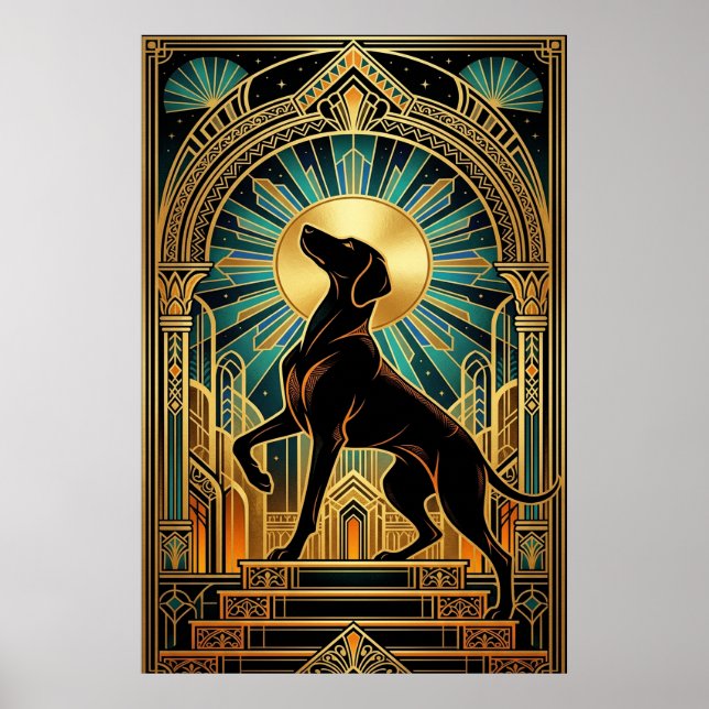 Kunglig Art Deco Hound Hund Guld Silhuett Poster (Framsidan)