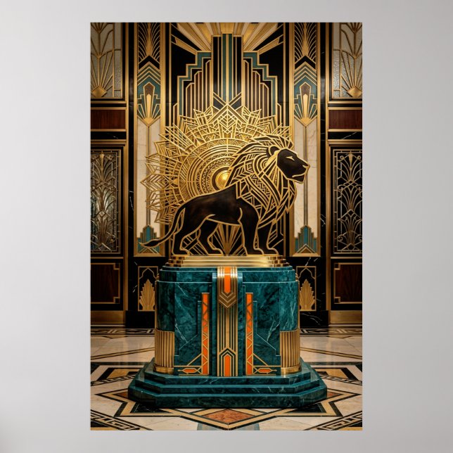 Kunglig Art Deco Lejonstaty Guld Folie Poster (Framsidan)