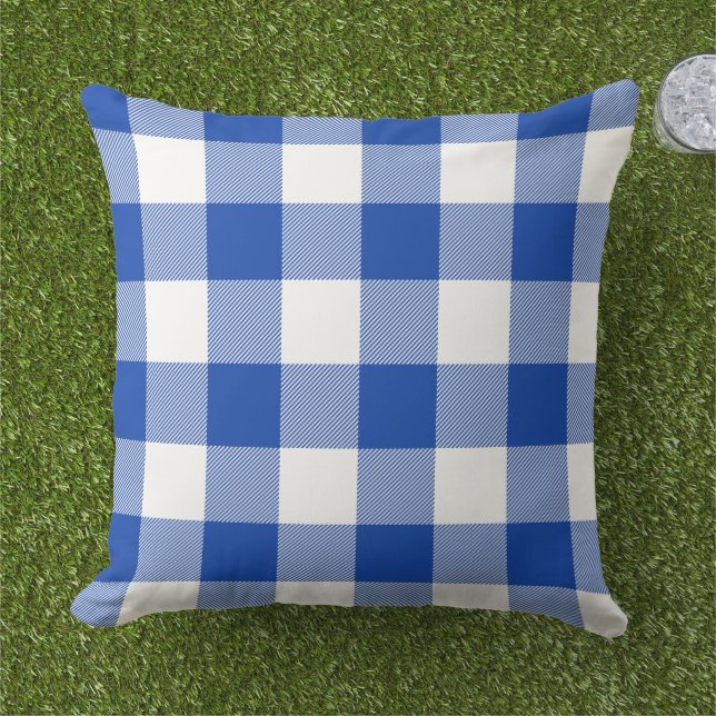 Kunglig Azurblå och Vit Gingham Rutig Buffelrut Kudde (Gräs)
