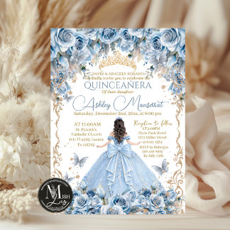 Kunglig Baby Blue Guld Krona Quinceañera Inbjudningar